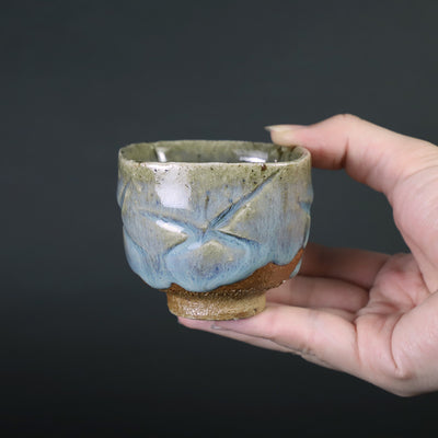Ash-glazed four-sided carved sake cup by Shuichi Okamoto
