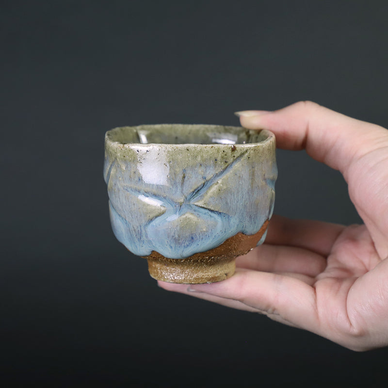 Ash-glazed four-sided carved sake cup by Shuichi Okamoto