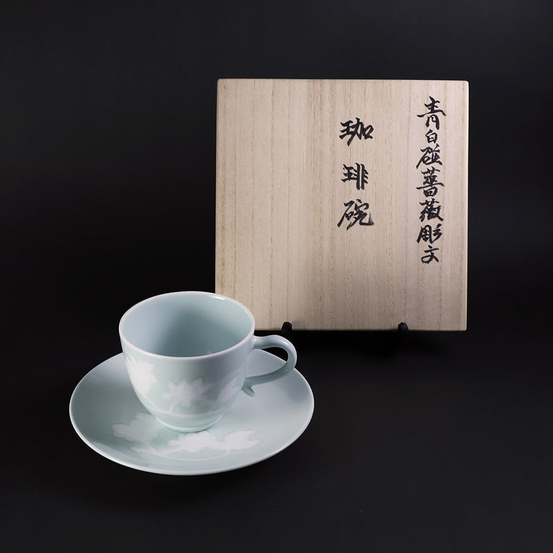 Blue and white porcelain coffee bowl with rose design by Manji Inoue