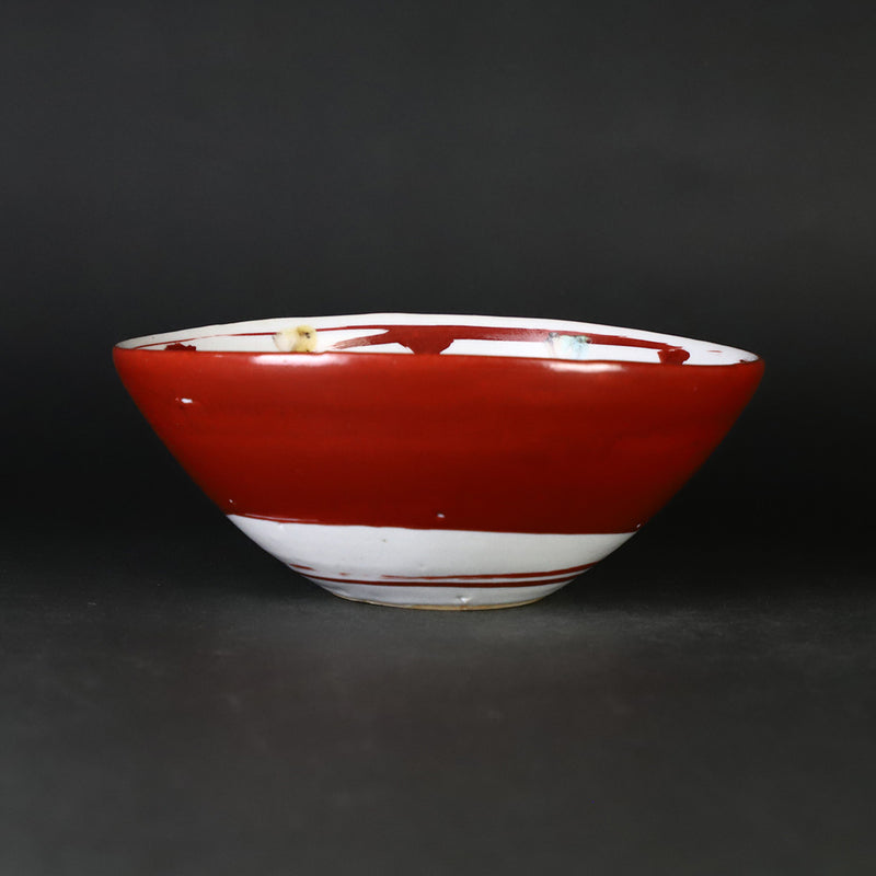 Red-painted dot patterned shoe-mounted bowl by Shingo Oka