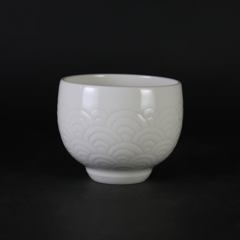 White porcelain sake cup with blue sea wave pattern by Manji Inoue