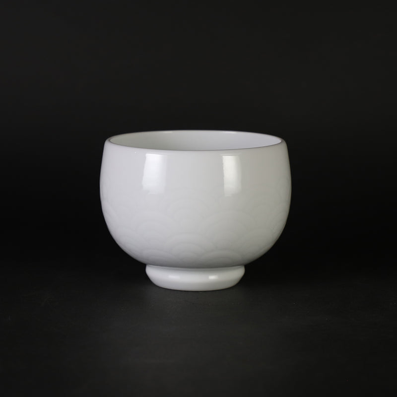White porcelain sake cup with blue ocean wave pattern by Manji Inoue