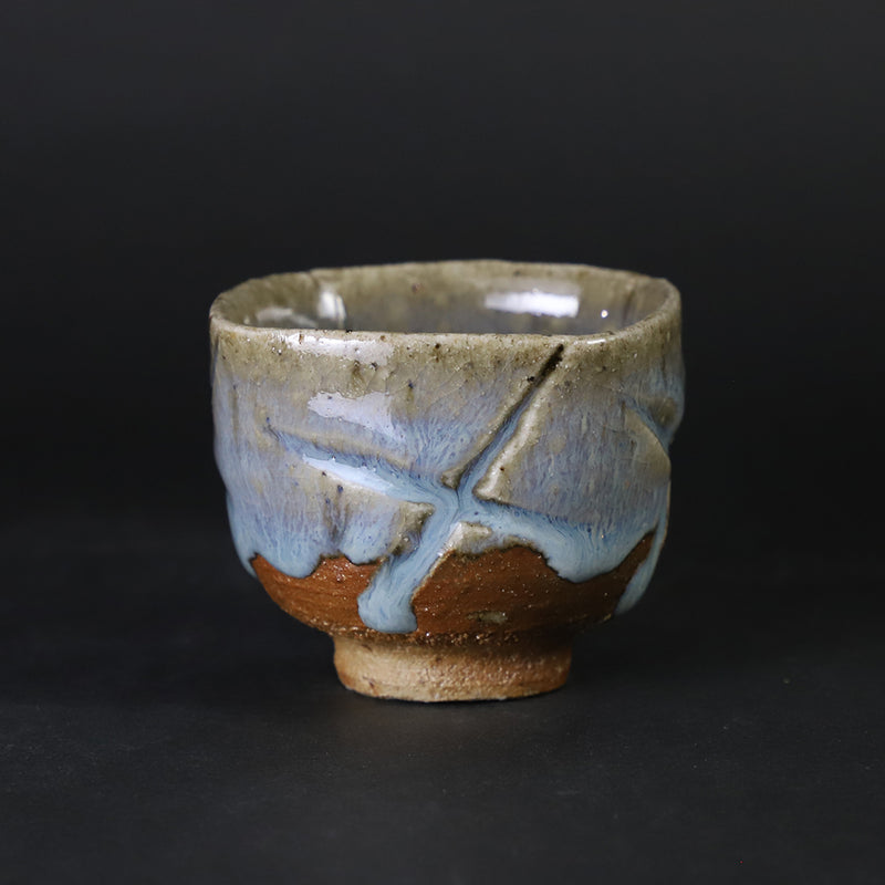 Ash-glazed four-sided carved sake cup by Shuichi Okamoto