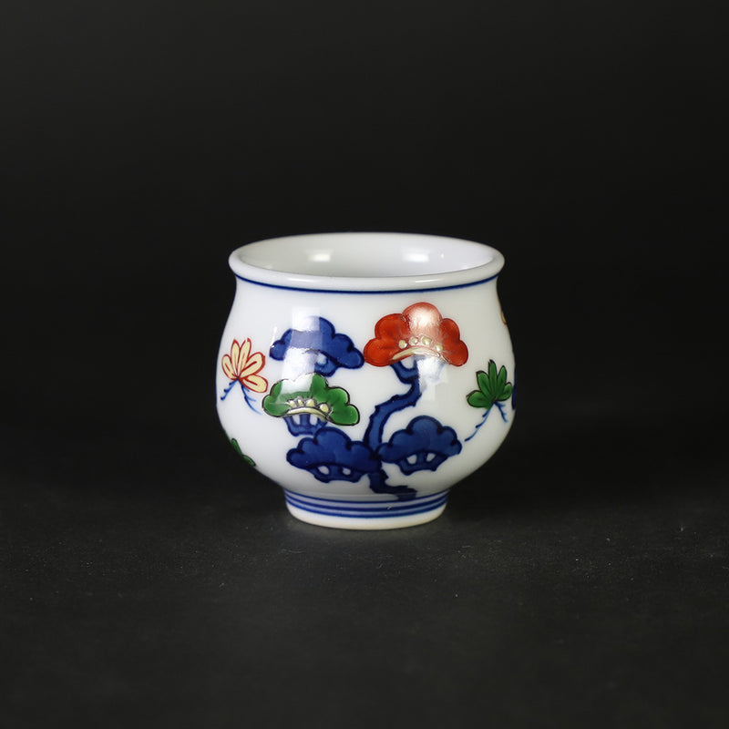 Genemon Kiln Dyed Nishiki Shochiku Plum Guinomi Sake Cup
