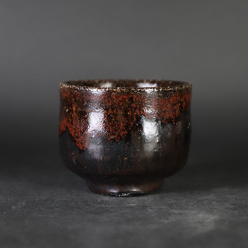 Karatsu black and red sake cup made by the 14th generation Nakazato Tarouemon