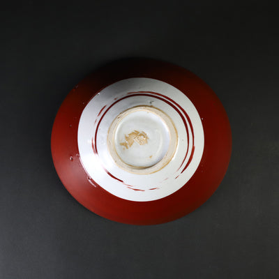 Red-painted dot patterned shoe-mounted bowl by Shingo Oka