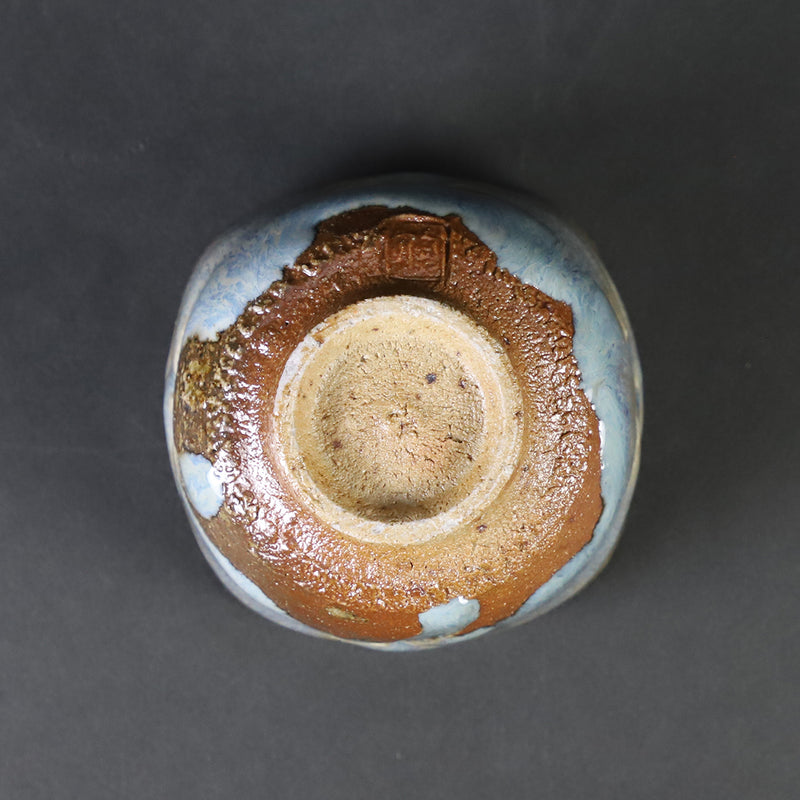 Ash-glazed four-sided carved sake cup by Shuichi Okamoto