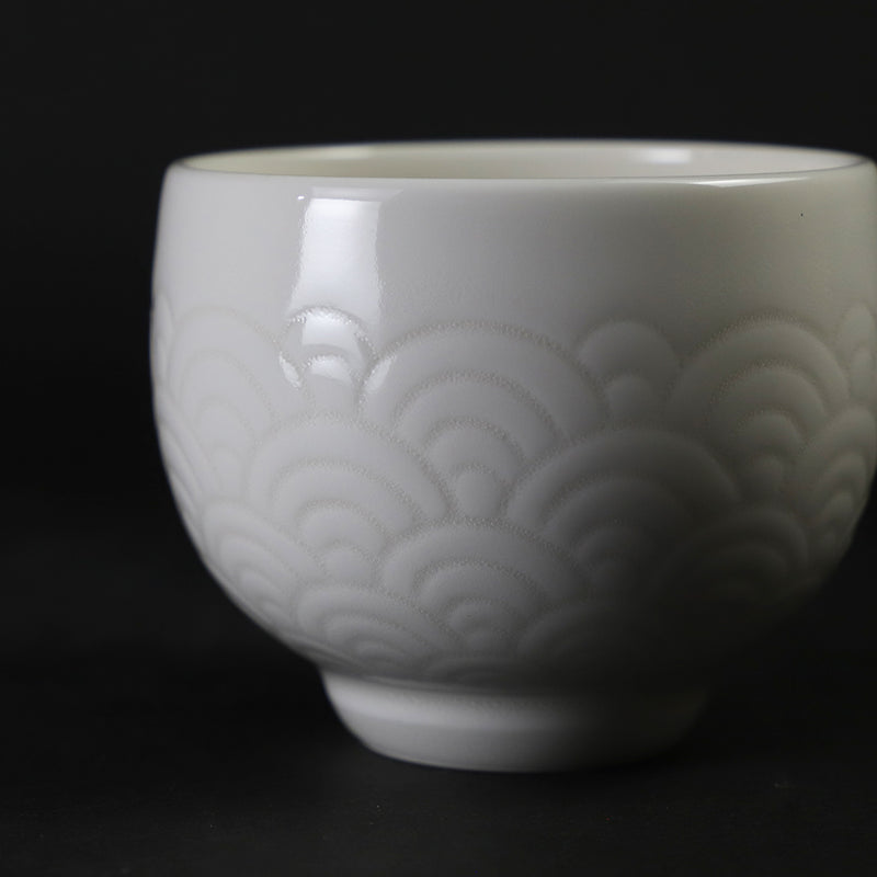 White porcelain sake cup with blue sea wave pattern by Manji Inoue