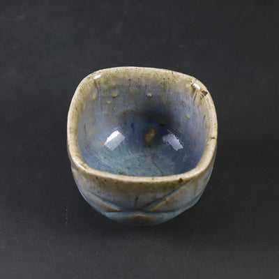 Ash-glazed four-sided carved sake cup by Shuichi Okamoto