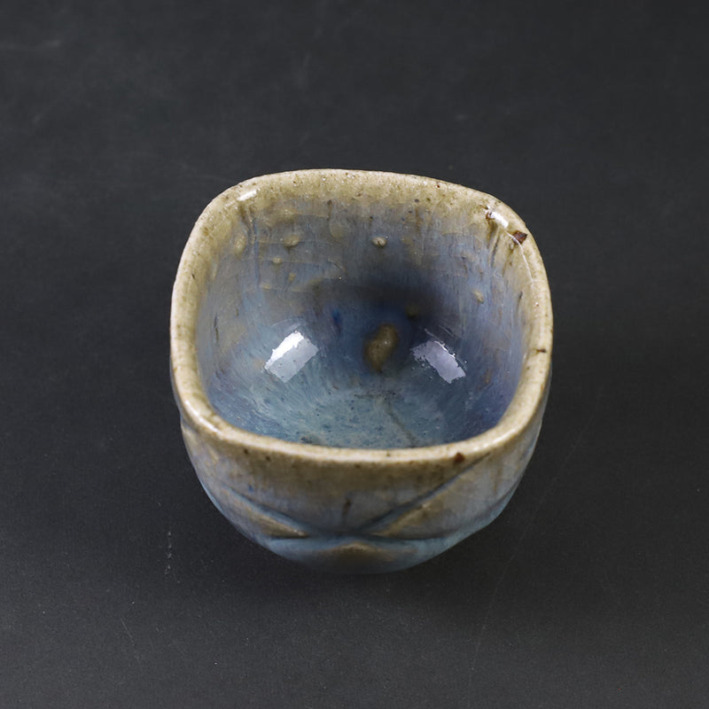 Ash-glazed four-sided carved sake cup by Shuichi Okamoto