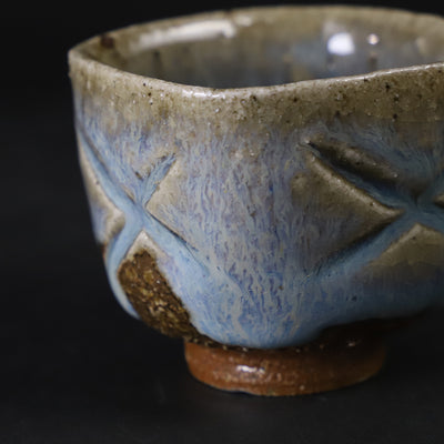 Ash-glazed four-sided carved sake cup by Shuichi Okamoto
