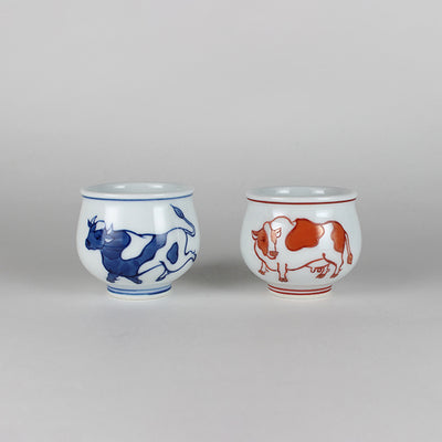 Gen'emon Kiln: Dark blue and red Zodiac sake cups (ox) set of two